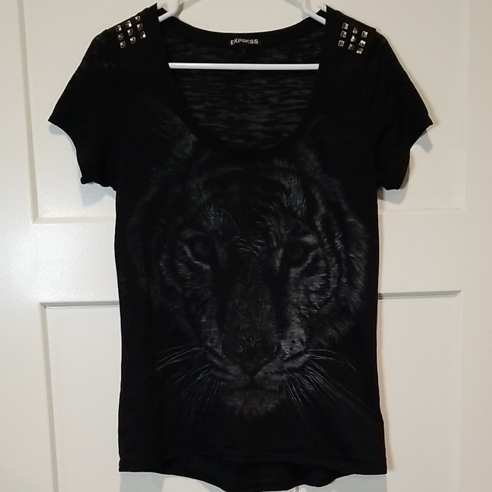 Express Black Graphic Tee With Studded Shoulder Accents & Tiger Face Size M